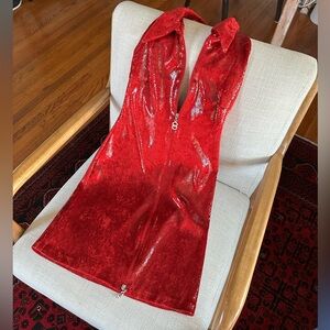 Unique Red Faux Leather / Snakeskin Halter Dress